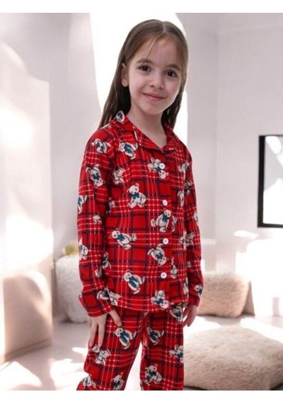 Çocuk Ayıcık Dessenli Pijama-14920 Kırmızı