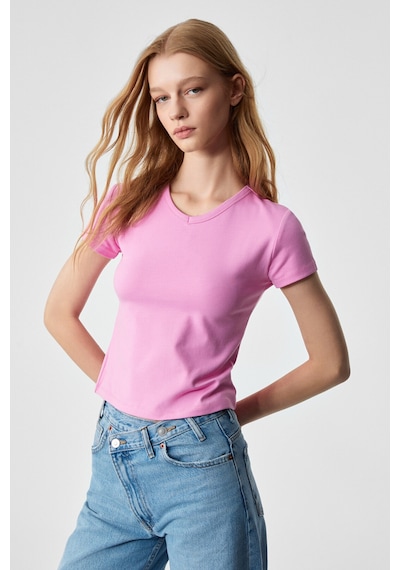 Ethıquet  MASROUTI Kadın Slim Kısa V Yaka Kısa Kol Pembe T-Shirt