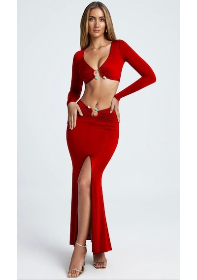 Pink Life Kırmızı Tokalı Yırtmaçlı Maxi İkili Takım Kırmızı