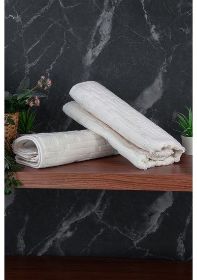 Tuğla Desenli 2li Ayak Havlusu - 50x70 Cm - Su Emici Banyo Paspası Seti - Beyaz Beyaz