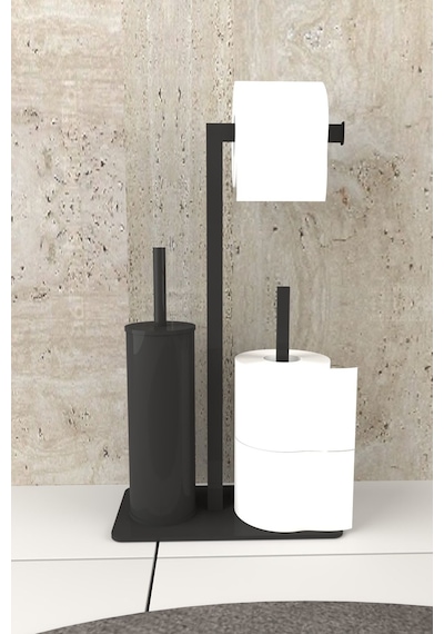 Aju Tuvalet Kağıtlığı Yedekli Tuvalet Fırçası Standı Metal Ağır Devrilmez Modern Wc Kağıtlık Tutacağı Siyah