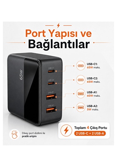 65w Gan Masaüstü Şarj Cihazı 4 Port 2 Usb-c 2 Usb-a Lcd Göstergeli