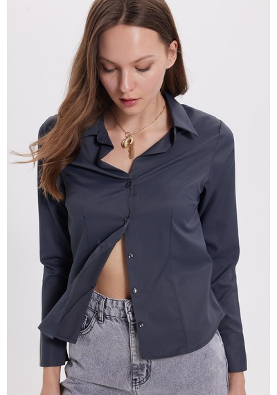 Tudors Kadın Slim Fit Dar Kesim Klasik Yaka Uzun Kollu Antrasit Gömlek-40358 Antrasit
