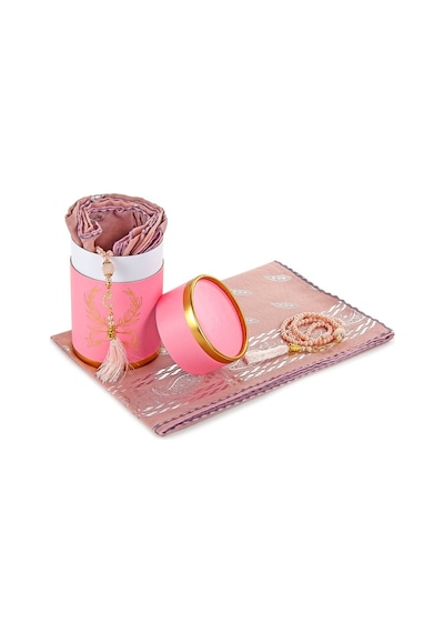 Özel Silindir Kutulu Set Inci Tesbihli Mevlid Örtülü Pembe Renk