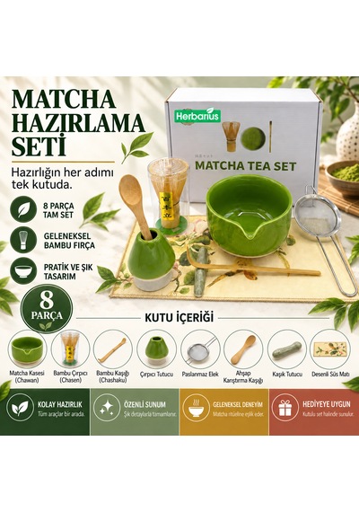 Herbarius 8 Parça Çiçek Desenli Balık Sırtı Kabartmalı Fıstık Yeşili Renk Matcha Çayı Hazırlama Seti - Geleneksel Japon Matcha Seti