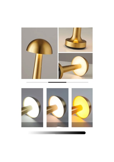 Mantar Masa Lambası Gold Renk Şarjlı Kablosuz Metal Masa Lambası, Dokunmatik Led Başucu Lambası