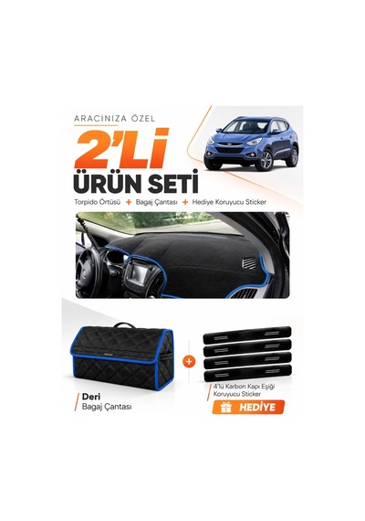 Hyundai İx35 2009-2015 Uyumlu Torpido Örtüsü + Deri Bagaj Çantası + Sticker Seti - Siyah Mavi