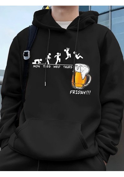 Startmore Tarzsokak Cuma Bira Sevgilisi Komik Baskılı Erkek Kazak Kış Polar Sıcak Hoodies Kore Gevşek Cep Kazakla Siyah