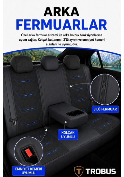 Dacia Sandero 2008+ Uyumlu Prestige Line Keten Serisi Siyah Mavi Koltuk Kılıfı 20563704