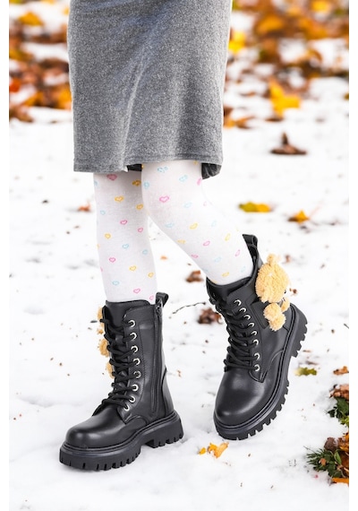 Kiko Kids 450 Ayıcıklı Fermuarlı Kız Çocuk Günlük Bot Ayakkabı Siyah