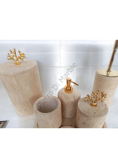 Sarı Traverten Klasik Model 7 Parça Gold Renk Mercan Aksesuarlı Banyo Seti Sarı Traverten