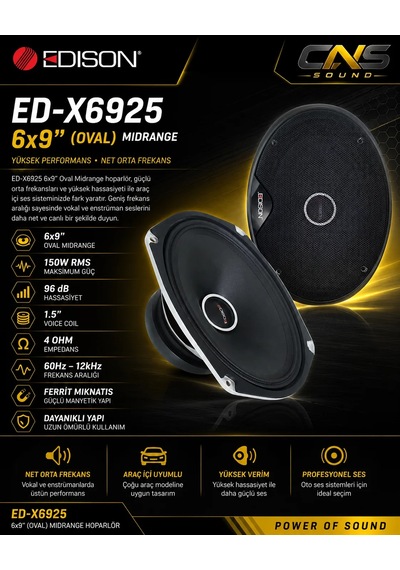 Edison Ed-x6925 6x9 Oval Midrange Hoparlör 150w Rms 600w Max 96db 1.5" Voice Coil 4 Ohm