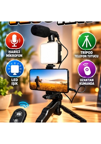 Tripod Telefon Tutucu Kumandalı Mikrofonlu Led Işıklı Mini Vlog Video Kayıt Kiti