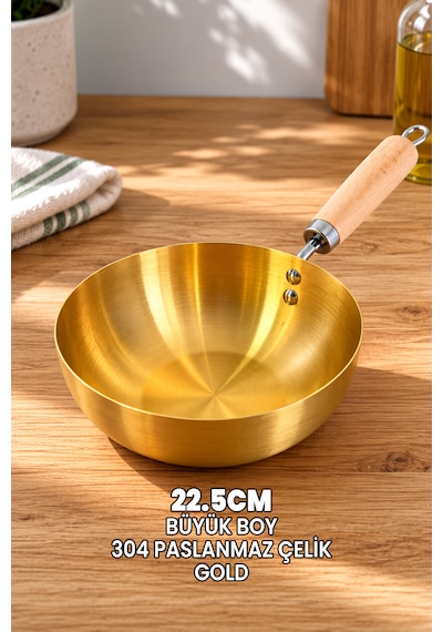 3 Adet Gold Tava Seti - Japon Stil Gold Wok Tava - Tam Yuvarlak Tava - 304 Paslanmaz Çelik Profesyonel Ahşap Saplı -