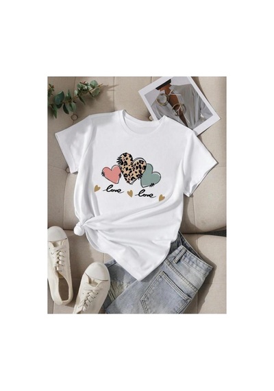 Medinenur Kalp Baskılı Basic T-shirt Beyaz