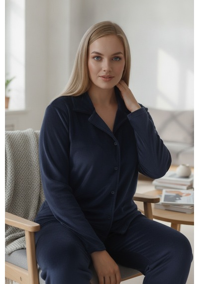 Estiva Kadın Önden Düğmeli Büyük Beden Kadife Pijama Takımı Lacivert