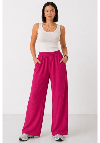 Trend Alisse Beli Lastikli Cepli Bol Paça Kadın Pantolon Fuşya