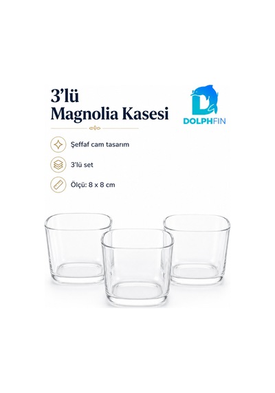 3 Lü Cam Magnolia Kasesi 8x8 Cm Kare Tatlı Sunum Kase Seti Şeffaf