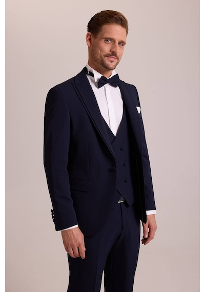 Ysf Erkek Lacivert Slim Fit Likralı Sivri Yaka Yelekli Damatlık