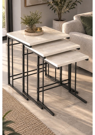 Sulorahome 3'lü Ekru Zigon Sehpa Seti Traverten Desenli Metal Ayaklı
