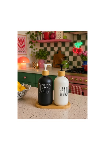 Buççin Online Mağaza Bambu Altlıklı Bambu Kapaklı İkili Cam Sıvı Sabunluk Ve Deterjan Seti 500ml+500ml Cam Beyaz Çok Renkli