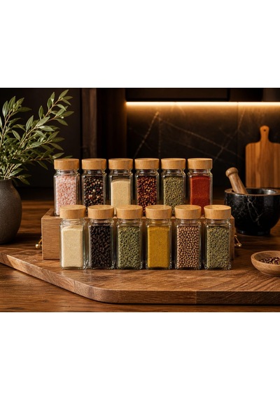 Bambu Kapaklı Cam Baharatlık Seti 12 Adet, Şeffaf Kare Baharat Kavanozu, Plastik Delikli İç Kapaklı Kontrollü Döküm Sistemi, 11x4x4 Cm Mutfak Düzenleyici Baharat Saklama Kabı Seti Çok Renkli
