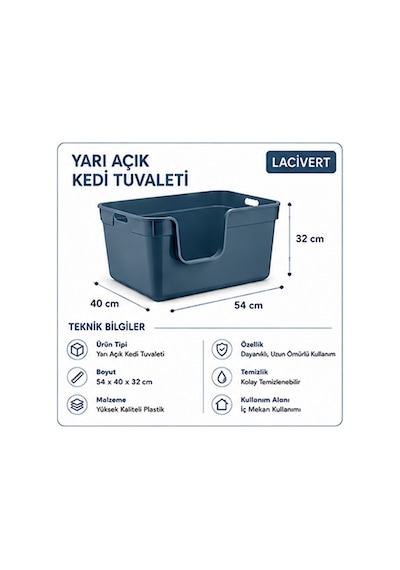 Pribor Yüksek Kenarlı Yarı Açık Kedi Tuvaleti, Geniş Ve Kolay Temizlenebilir 54 X 40 X 32 Cm Mavi