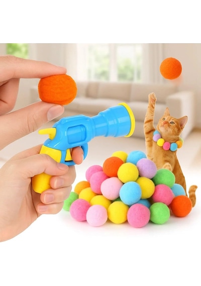 Ayrex Usb Şarjlı Akıllı Led İnteraktif Kedi Topu Ve Peluş Top Fırlatma Tabancası Seti, 20 Adet Peluş Toplu Kedi