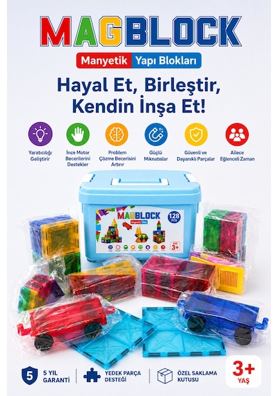 128 Parça Tamamı Mıknatıslı Yapı Blokları - Saklama Kutulu Oyuncak - 5 Yıl Garanti - Eğitici Oyuncak