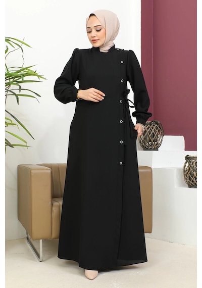 Nevayla Moda Bağlamalı Çıt Çıt Detaylı Ferace - Siyah