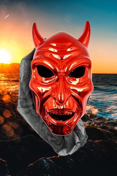 Halloween Cadılar Bayramı Maske Şeytan Maskesi Parlak Kırmızı Metalik Arkası Tüllü Korku Aksesuarı Diğer