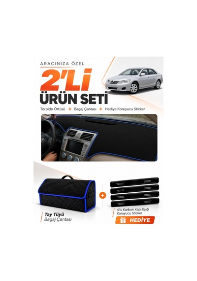 E-biz Toyota Camry 2006-2012 Uyumlu Torpido Örtüsü + Tay Tüyü Bagaj Çantası - Siyah-mavi - To007