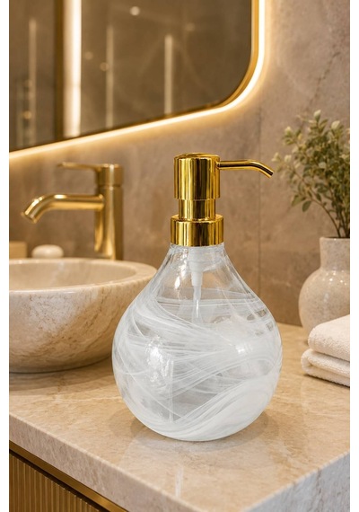 Buççin Online Mağaza Celina Cam Sabunluk Beyaz Alabaster Modern Lüks Banyo Aksesuarı Dekoratif Sıvı Sabunluk Sabun Çok Renkli