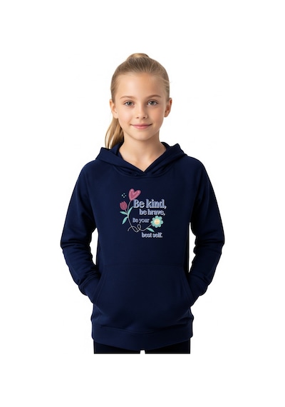 Kanguru Cepli Kapüşonlu Kız Çocuk Sweatshirt Be Kind Yazı Baskılı Lacivert