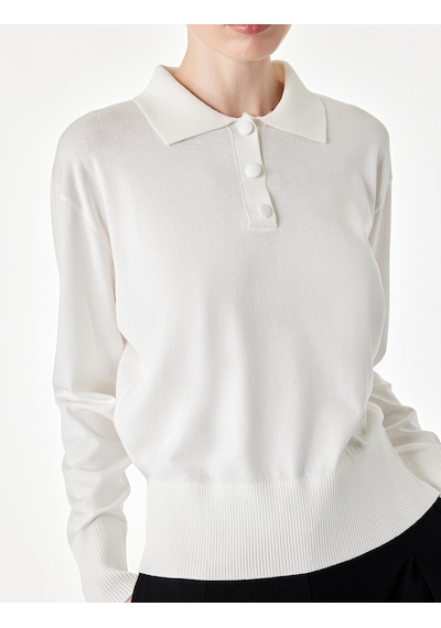 Koton Regular Fit Uzun Kollu Yarım Düğmeli Polo Yaka Triko Kazak Ekru 7wak90281ht
