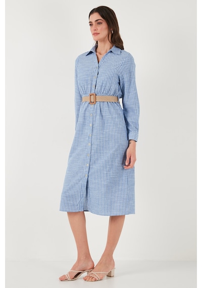 Lela Pamuklu Regular Fit Kemerli Midi Boy Gömlek Bayan Elbise 67810301 Indigo