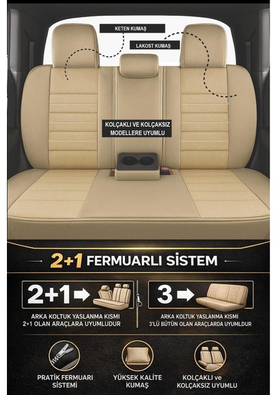 Premium Serisi Lüks Keten Üniversal Bej Oto Koltuk Kılıfı - 5 Koltuk Tam Set