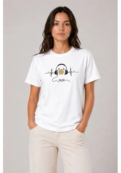 Efnaz Style Müzik Temalı Baskılı Tişört Bisiklet Yaka Kısa Kol T-shirt - Beyaz