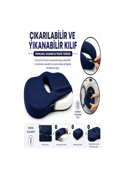 Ortopedik Oturma Minderi Hafızalı Visco Köpük Kuyruk Sokumu Destek Yastığı, Uzun Süreli Oturuşlar Lacivert