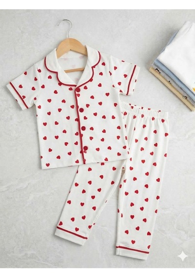 Kız Çocuk Pamuklu Kruvaze Yaka Önden Düğmeli Küçük Kalp Desenli Mevsimlik Alt Üst Pijama Takım Beyaz