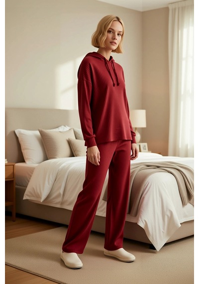 Benerly Kadın Kapüşonlu Düşük Kol Relaxed Kalıp Örme Pijama Takımı Uzun P bordo