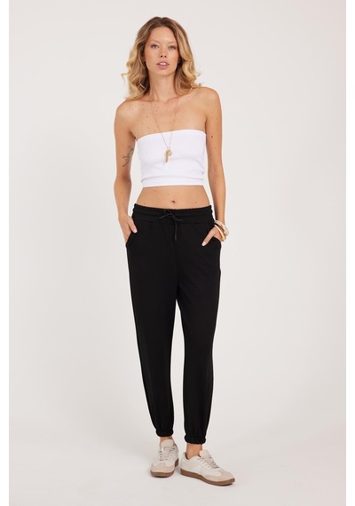 Tudors Kadın Relax Fit Rahat Kesim Modal Kumaş Beli Bağlamalı Lastikli Jogger Siyah Eşofman Altı-39586