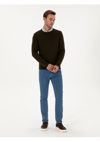 Cacharel Haki Slim Fit Pamuk Karışımlı Bisiklet Yaka Triko Kazak Yesıl