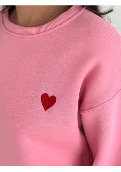 Kadın Kalp Nakışlı Sweatshirt Sade & Sevgi Dolu Stil Pembe