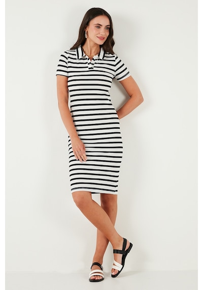 Lela Streç Slim Fit Düğmeli Polo Yaka Kısa Kollu Mini Boy Çizgili Bayan Elbise 5866167 Beyaz-Siyah