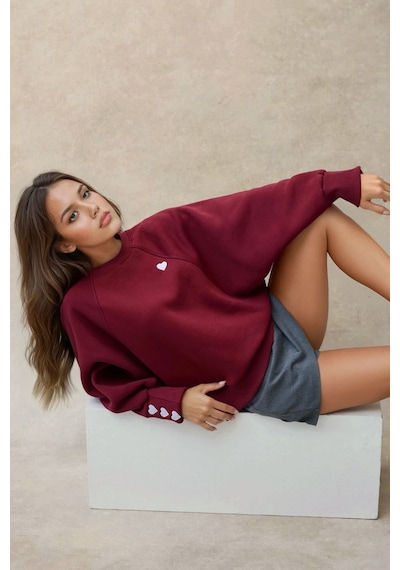 Hiccup İşlemeli Pamuklu Sweatshirt Bordo Kırmızı
