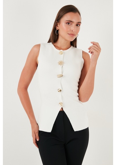 Lela Premium Regular Fit Bisiklet Yaka Düğme Detaylı Bayan Yelek 680Ye00043 Ekru