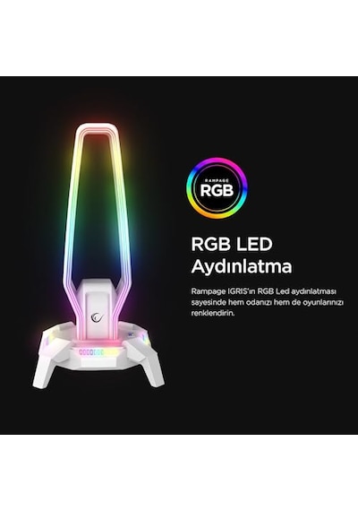 Rm-h27 Igrıs Type-c Rgb Beyaz Kulaklık Standı, 3 Usb 2.0 Portlu, 3.5 Mm Ses Girişli Oyuncu Kulaklık Askısı