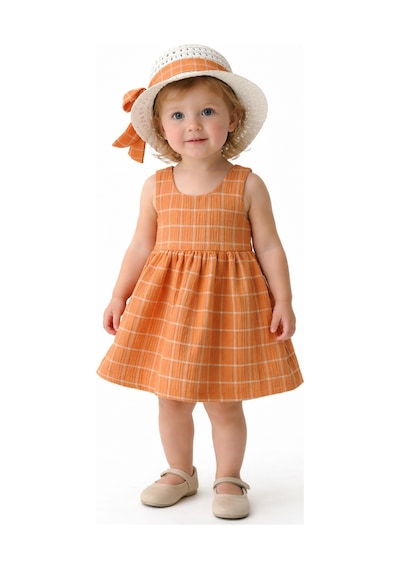 Chicsy Baby Tatlı Kız Bebek Ekose Tarz Elbise Şapkalı Fiyonk Detaylı Yazlık 2 Li Kombin Turuncu