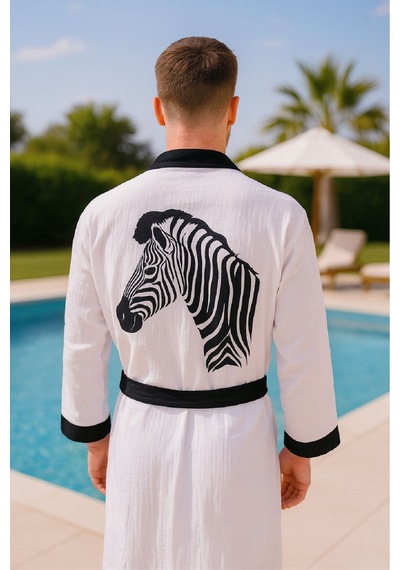 Baskılı Müslin Kimono Bornoz Unisex %100 Pamuk Yumuşacık 2 Katlı Doğal Kumaş - Ztmbb10 Siyah